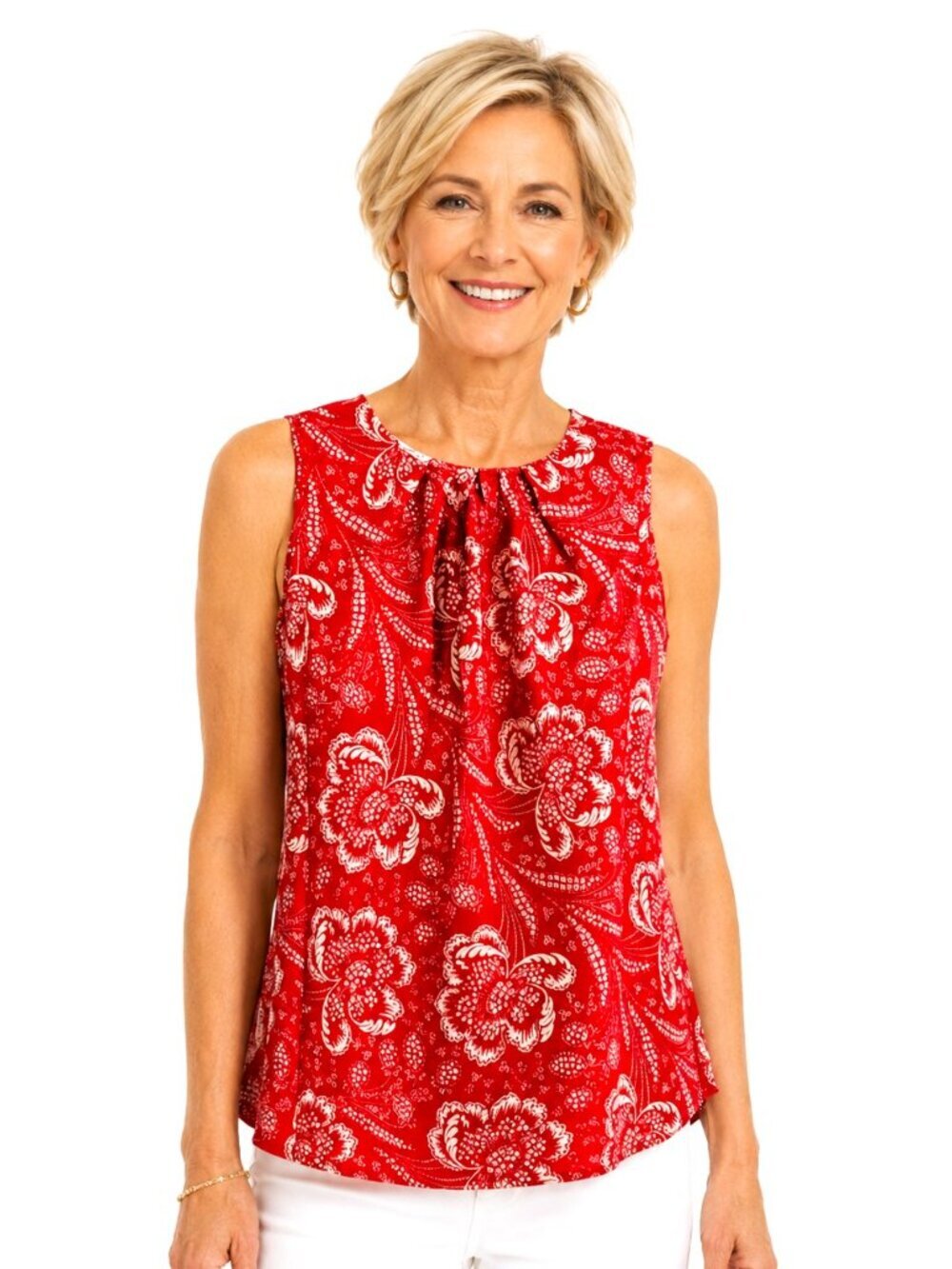 Talbots Petites Red Floral Silk Sleeveless Pleat Neck Top
